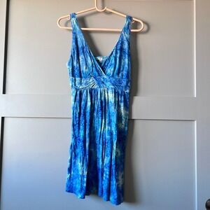Santiki Blue Batik Print‎ Sleeveless V-Neck Mini Dress Womens Medium Tropical
